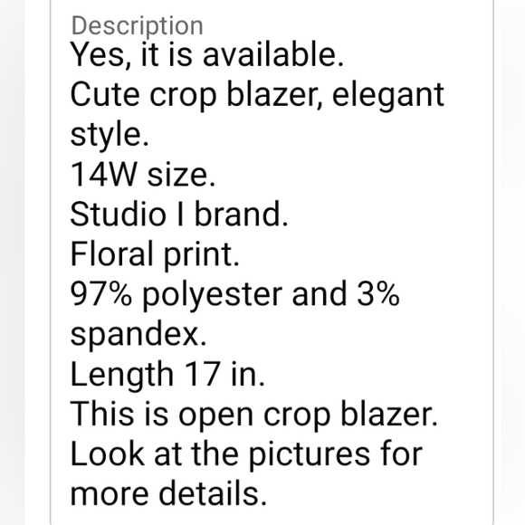 Studio I size 14W open crop blazer - Picture 8 of 12